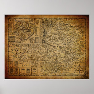Vintage Map of Somerset Wessex England UK 1610 Poster