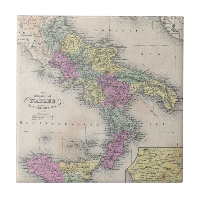 Vintage Map of Southern Italy (1853) Tile (Front)