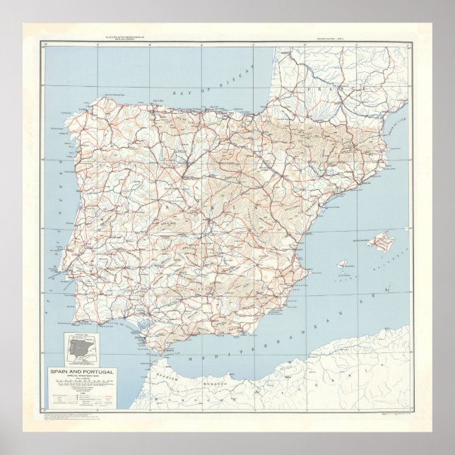 Vintage Map of Spain & Portugal (1943) Poster (Front)