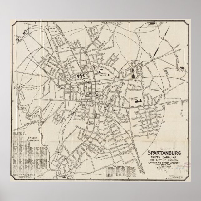 Vintage Map of Spartanburg SC (1918) Poster (Front)