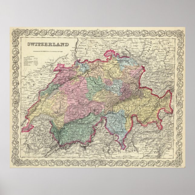 Vintage Map of Switzerland (1856) Poster (Front)