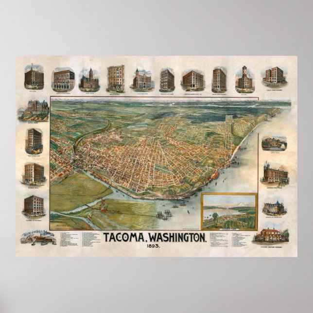 Vintage Map of Tacoma WA (1893) Poster (Front)
