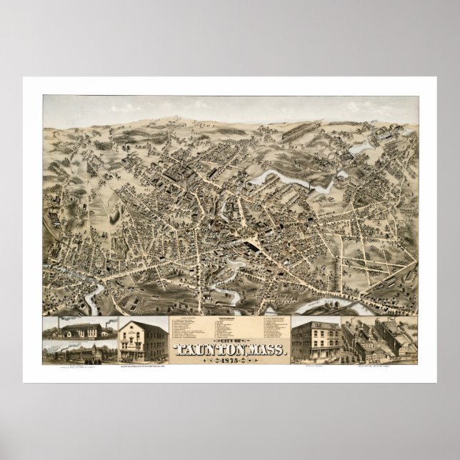 Vintage map of Taunton, Mass from 1875 Poster (Front)