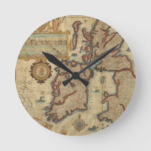 Vintage Map of the British Isles, 1552 – 1629 Round Clock