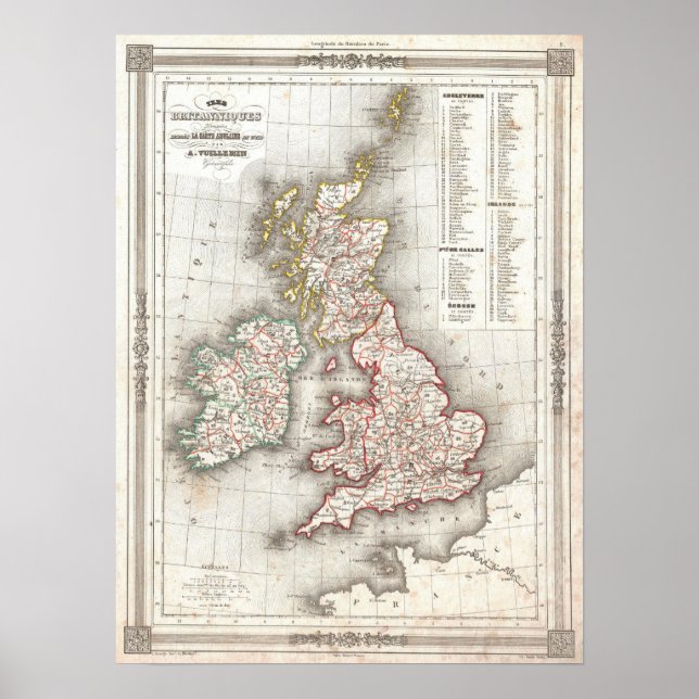 Vintage Map of the British Isles, 1852 Poster (Front)