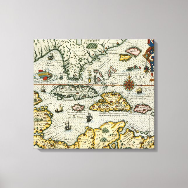 Vintage Map of The Caribbean (1594) Canvas Print (Front)