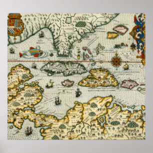 Vintage Map of The Caribbean (1594) Poster