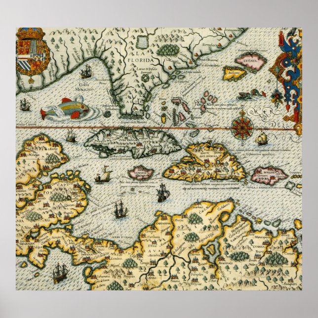 Vintage Map of The Caribbean (1594) Poster (Front)