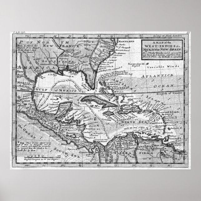 Vintage Map of the Caribbean (1732) BW Poster (Front)