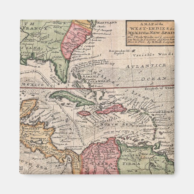Vintage Map of the Caribbean (1732) Magnet (Front)