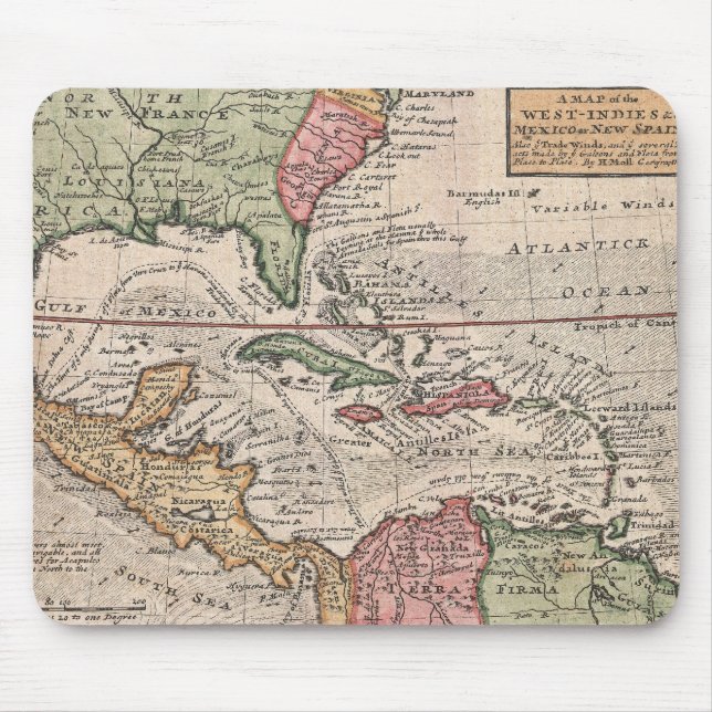 Vintage Map of the Caribbean (1732) Mouse Mat (Front)