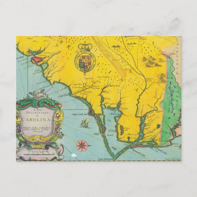 Vintage Map of the Carolina Coast Postcard (Front)