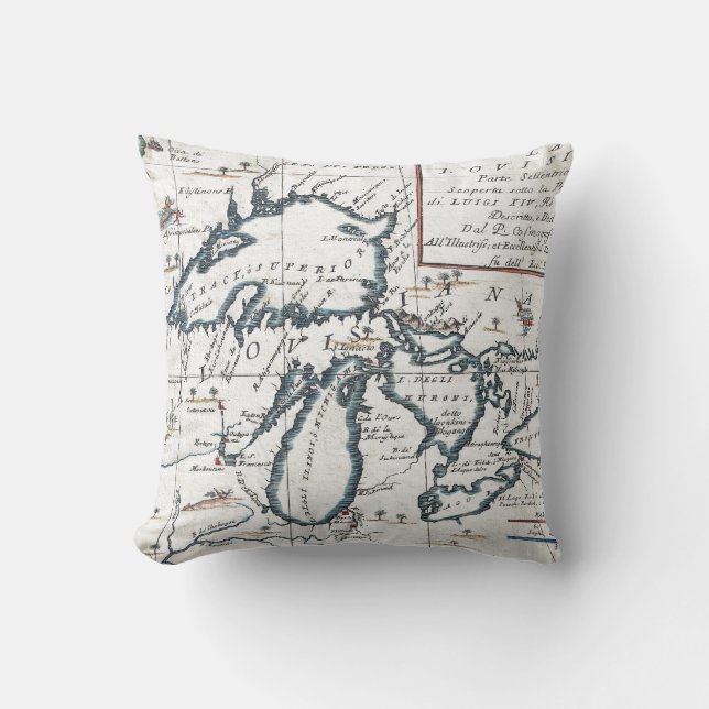 Vintage Map of The Great Lakes (1696) Cushion (Front)
