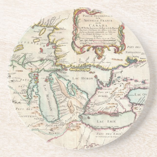 Vintage Map of The Great Lakes (1755) Coaster (Front)
