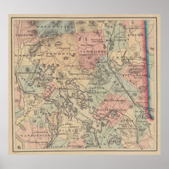 Vintage Map of The NH Lakes Region (1890) Poster Zazzle.co.uk