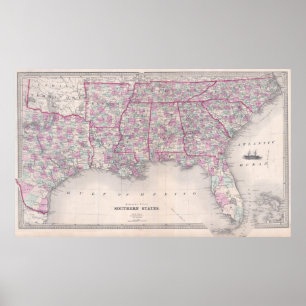 Vintage Map of The Southern United States (1868) Poster