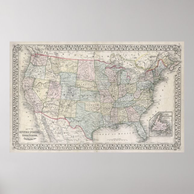 Vintage Map of The United States (1867) Poster (Front)
