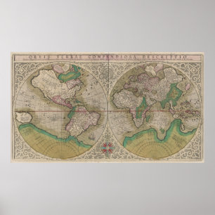 Vintage Map of The World (1607) 2 Poster