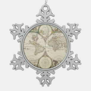 Vintage Map of The World (1680) Snowflake Pewter Christmas Ornament