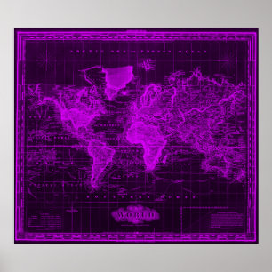 Vintage Map of The World (1833) Black & Purple Poster
