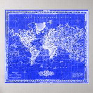Vintage Map of The World (1833) Blue & White Poster