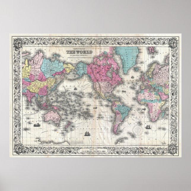 Vintage Map of The World (1852) Poster (Front)