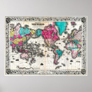 Vintage Map of The World (1852) - Stylized Poster