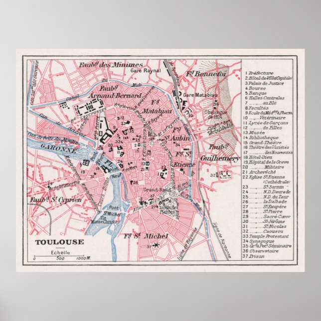 Vintage Map of Toulouse France (1900) Poster (Front)