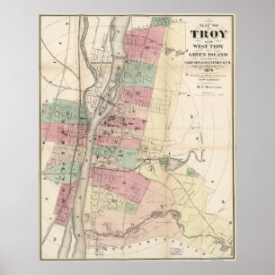 Vintage Map of Troy NY (1874) Poster