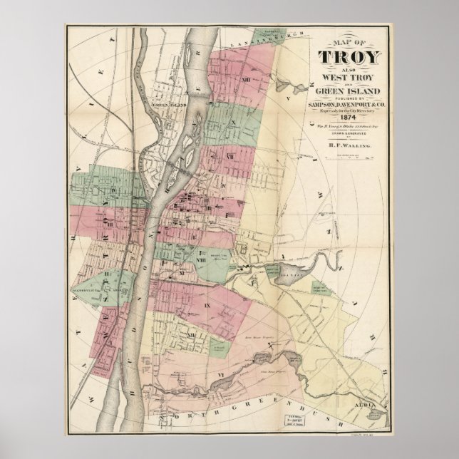 Vintage Map of Troy NY (1874) Poster (Front)