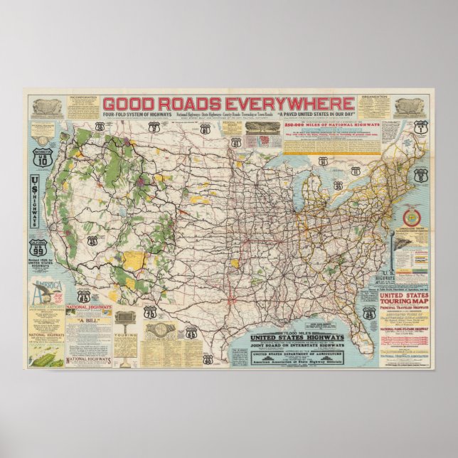Vintage Map of US Highway System Poster (Front)