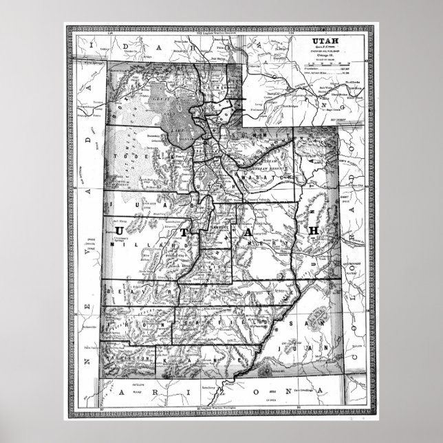 Vintage Map of Utah (1883) BW Poster (Front)