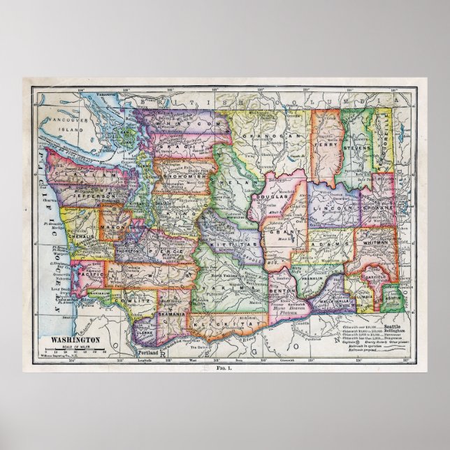 Vintage Map of Washington State Poster (Front)