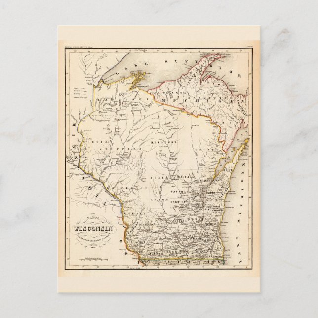 Vintage map of Wisconsin 1852 Postcard (Front)