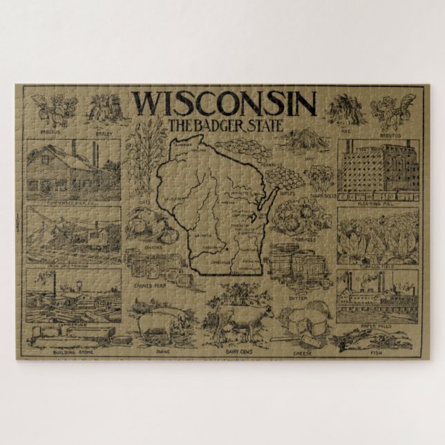 Vintage Map of Wisconsin (1912) - Tan Jigsaw Puzzle (Horizontal)