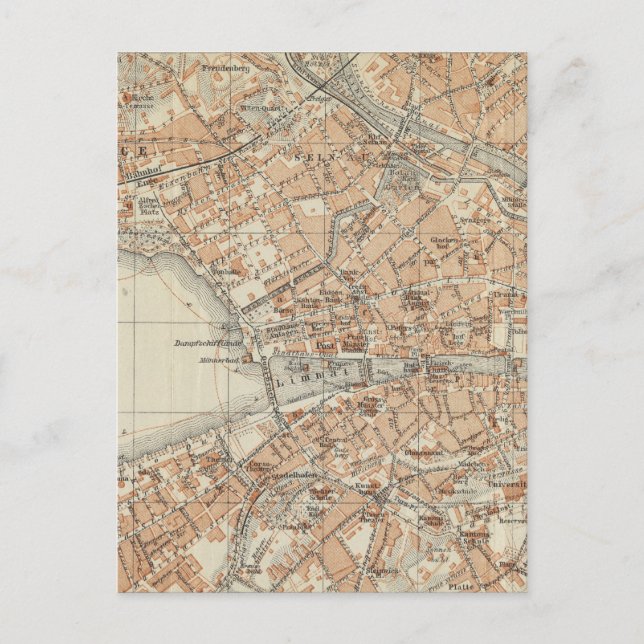 Vintage Map of Zurich Switzerland (1913) Postcard (Front)