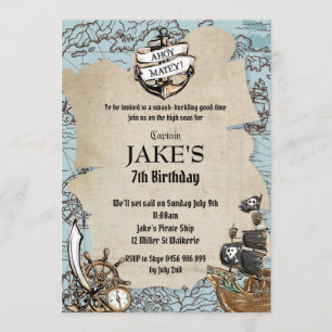 Vintage Map Pirate Birthday Party Old Scroll Invitation
