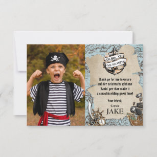 Vintage Map Pirate Treasure Birthday Party Photo Thank You Card