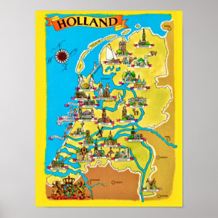Vintage Map Postcard of Holland Print