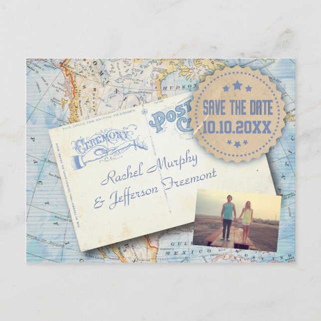 Vintage Map & Postcard Wedding Save The Date (Front)