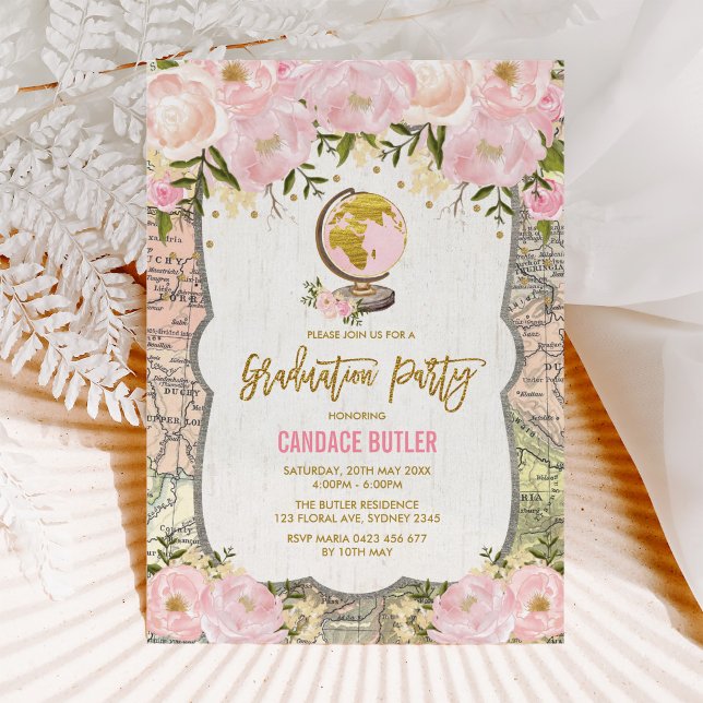 Vintage Map Travel Floral Adventure Graduation Invitation (Creator Uploaded)