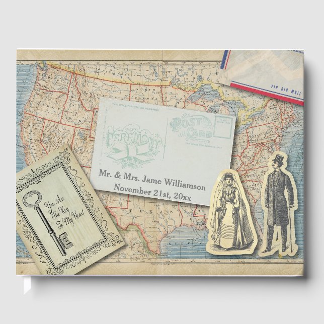 Vintage Map Wedding Ephemera Guest Book (Front)