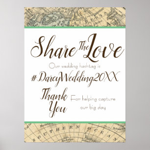 Vintage Map Wedding Hashtag Sign