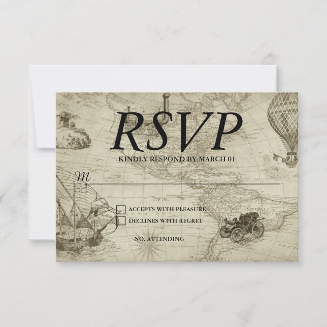 Vintage Map Wedding RSVP Response Reply Modern (Front)