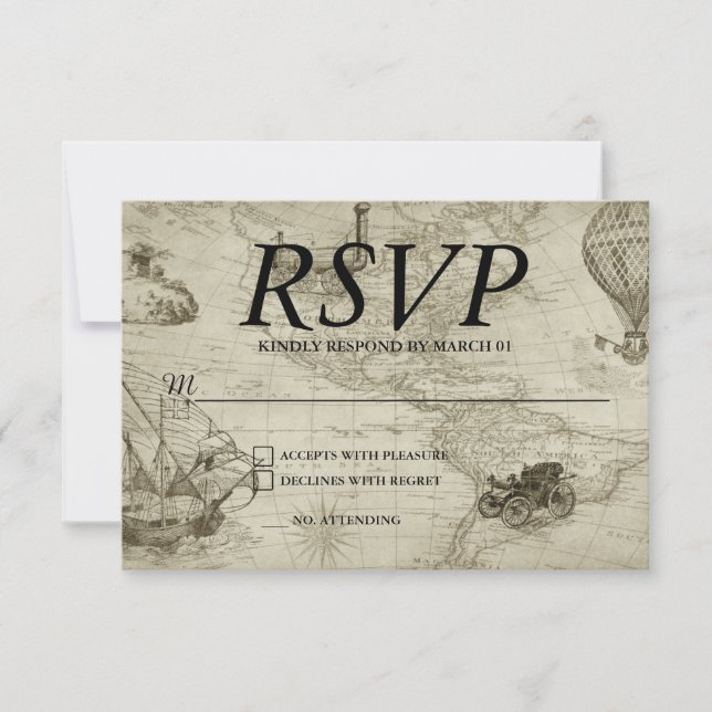 Vintage Map Wedding RSVP Response Reply Modern (Front)