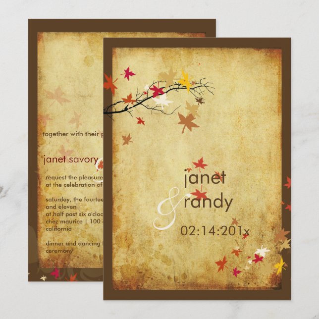 VINTAGE MAPLE LEAVES FALL WEDDING INVITATIONS (Front/Back)