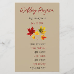 Vintage maple leaves- wedding Program Paper Sheet