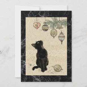 Vintage Marble Black Cat Looking At Ornaments Holiday Card