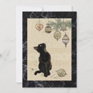 Vintage Marble Black Cat Looking At Ornaments Holiday Card
