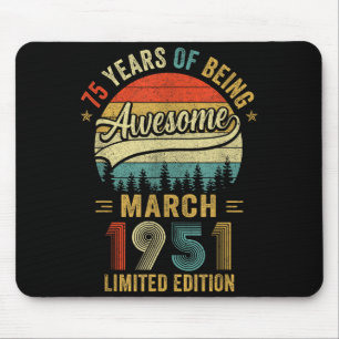 Vintage March 1951 Old 75th Birthday Men Women  Mouse Mat